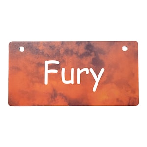 May include: Rectangular wooden sign with a cloudy orange and brown background. The word "Fury" is written in large, white, sans-serif font across the center. Two holes are drilled at the top for hanging.