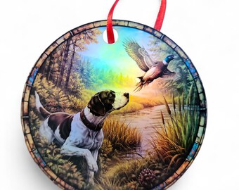 Adorno holográfico para perro de Pointer color hígado y blanco con un pato real