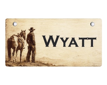 Etiqueta para jaula con diseño de vaquero del Viejo Oeste y su caballo, personalizada con el nombre de tu perro.
