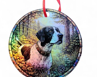 Adorno holográfico para perro Pointer blanco y negro en el bosque
