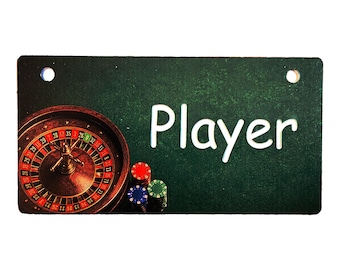 Etiqueta para jaula de mascotas con diseño de ruleta y fichas, personalizada con el nombre de tu perro.