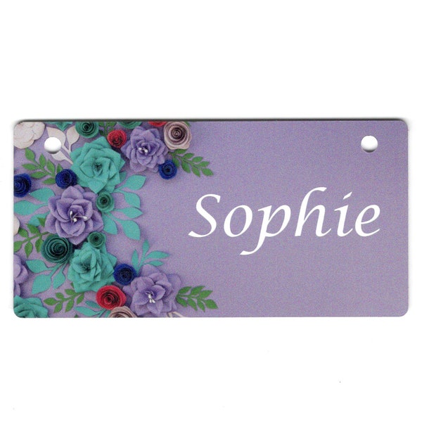 Purple and Teal Roses Design Crate Tag Personalized with Your Dog's Name