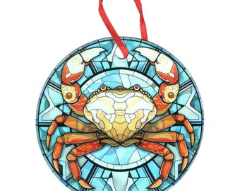 Crab with Blue Background Stained Glass Design Holographic Ornament