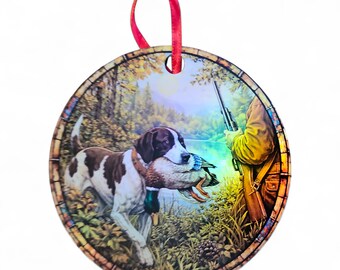 Adorno holográfico para perro Pointer de color hígado y blanco recuperando un pato