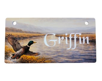 Mallard Duck in Flight Wide Horizon Design Crate Tag Personalized with Your Dog's Name