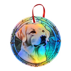 May include: Round ornament featuring a golden Labrador Retriever with a stained-glass effect border. The dog's portrait is detailed, with a red ribbon for hanging. The ornament has a holographic, iridescent finish.