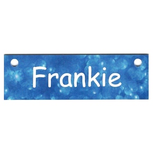 Blue Bokeh Design 1.25 x 4 Inch Crate Tag Personalized with Your Dog&#39;s Name