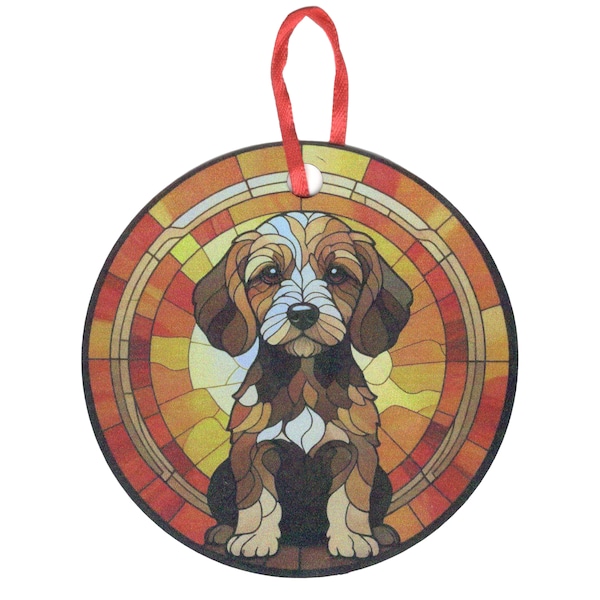 Toy Cockapoo Tan and Brown Sitting 1 Orange and Yellow Border Holographic Dog Ornament