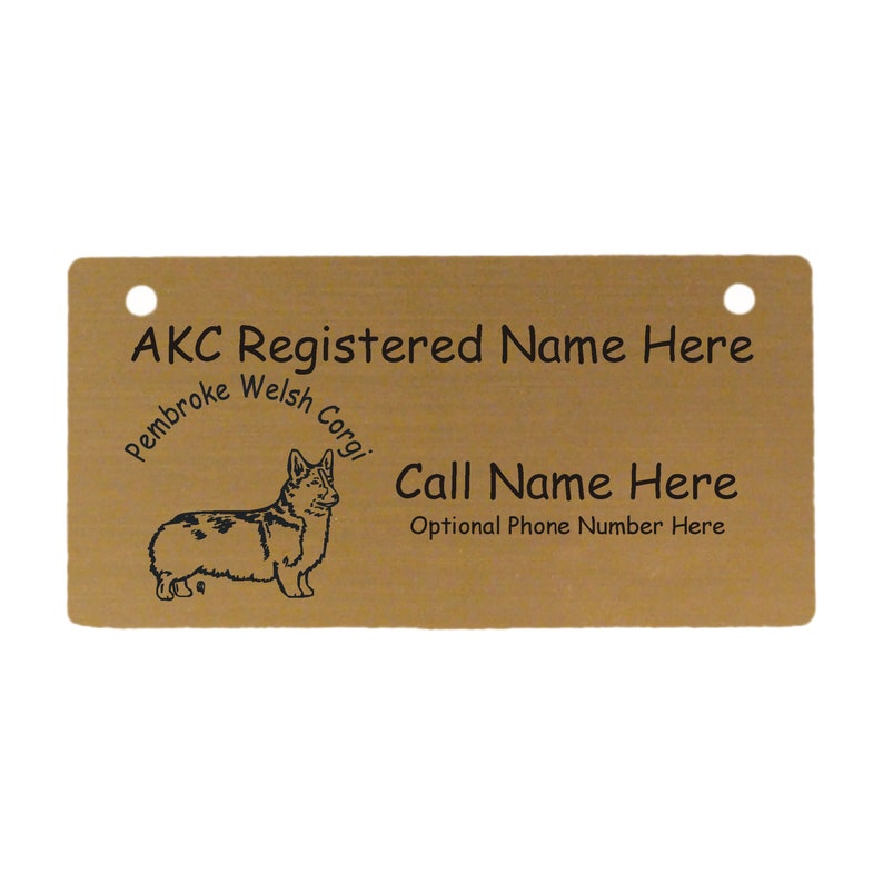 May include: A gold-colored metal tag with rounded corners and two holes. The tag features a black silhouette of a Pembroke Welsh Corgi and the text "AKC Registered Name Here", "Call Name Here", and "Optional Phone Number Here".