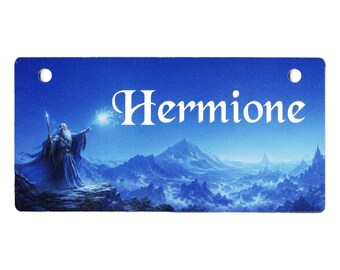 Etiqueta para jaula de mascotas Wizard on Blue Design personalizada con el nombre de tu perro