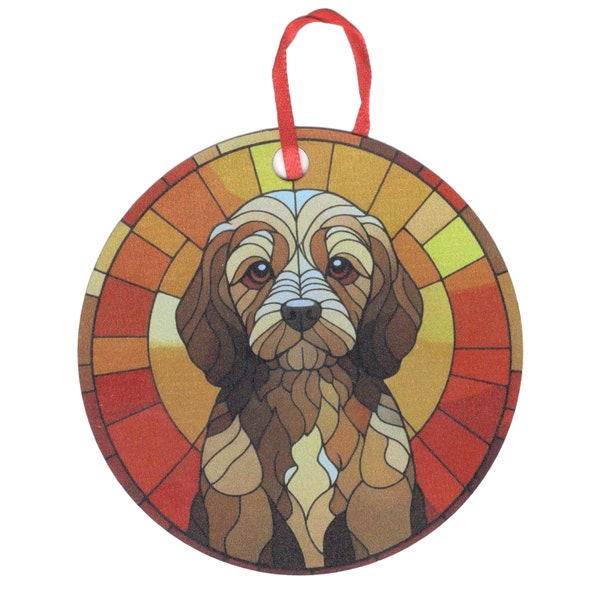 Toy Cockapoo Tan and Brown Sitting 2 with Orange Red and Yellow Border Holographic Dog Ornament