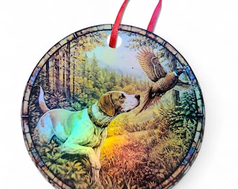 Pointer Lemon and White with a Pheasant Holographic Dog Ornament