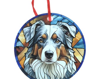 Mini American Shepherd Blue Merle Stained Glass Design Holographic Ornament