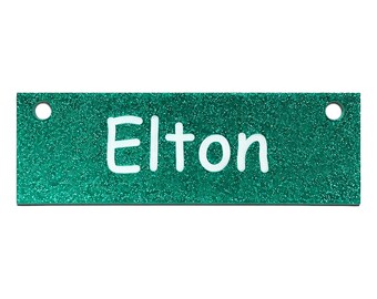 Green Glitter Plastic Crate Tag Personalized with Your Dog's Name