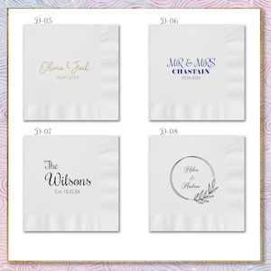 May include: Four white napkins with different wedding-themed designs. The first napkin says "Olivia & Jack" with the date "04.09.2024". The second napkin says "MR & MRS CHASTAIN" with the date "02.06.2024". The third napkin says "The Wilsons" with the date "Est. 01.15.24". The fourth napkin has a circle with the text "Helen & Andrew" and a leafy branch.
