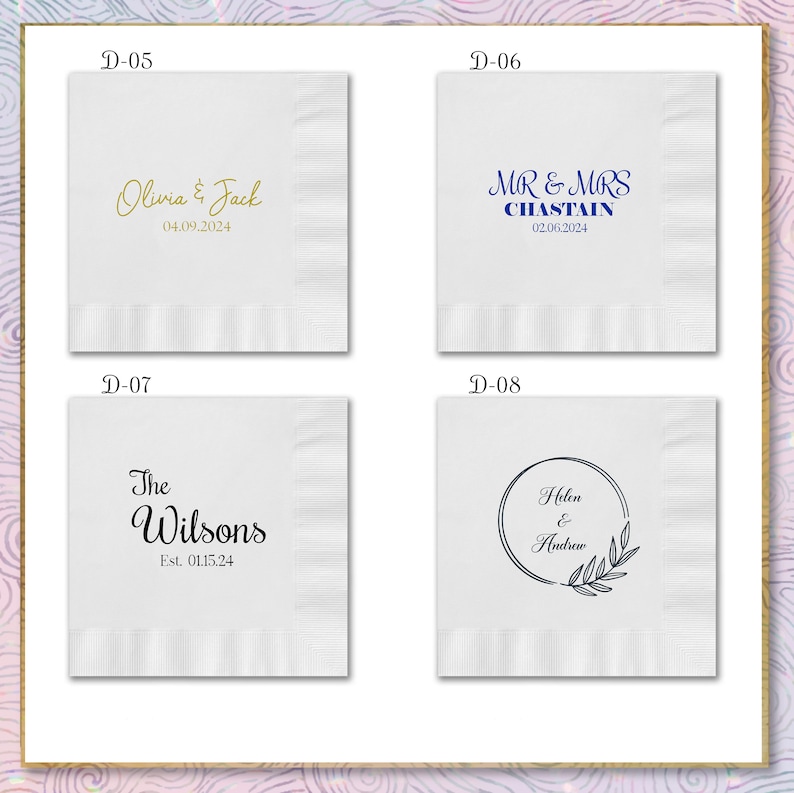 May include: Four white napkins with different wedding-themed designs. The first napkin says "Olivia & Jack" with the date "04.09.2024". The second napkin says "MR & MRS CHASTAIN" with the date "02.06.2024". The third napkin says "The Wilsons" with the date "Est. 01.15.24". The fourth napkin has a circle with the text "Helen & Andrew" and a leafy branch.