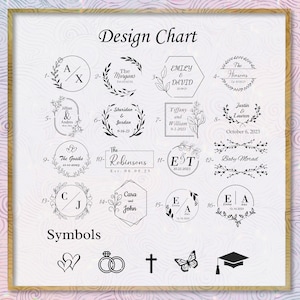 May include: A design chart with 16 different stamp designs, each featuring a name, date, and decorative border. The chart also includes a section labeled "Symbols" with five symbols: a heart, a ring, a cross, a butterfly, and a graduation cap.