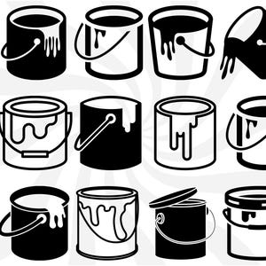 Può includere: Un set di 12 icone di secchi di vernice in bianco e nero. I secchi sono in varie posizioni, alcuni sono pieni, altri sono vuoti e altri stanno versando vernice. Le icone sono perfette per l'uso in una varietà di progetti, come la progettazione di siti Web, la grafica dei social media e i materiali stampati.