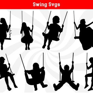Puede incluir: Un conjunto de diez archivos SVG de silueta negra que representan personas balanceándose en columpios. Los columpios son de diferentes estilos y las personas están en diferentes poses.