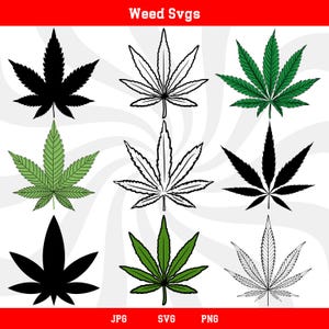 May include: Nine different variations of a marijuana leaf design. The designs are in black, white, and green. The designs are in a variety of styles, including filled in, outlined, and a combination of both. The designs are perfect for use in crafts, scrapbooking, and other creative projects.