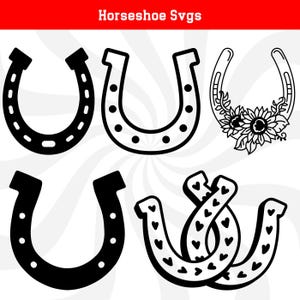 May include: A set of four black and white horseshoe SVG files. The horseshoes are in different styles, including a simple horseshoe, a horseshoe with dots, a horseshoe with a floral design, and a horseshoe with hearts.