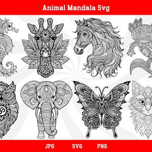 May include: A set of ten black and white animal mandala SVG files. The animals include a seahorse, giraffe, horse, axolotl, butterfly, elephant, and cat.