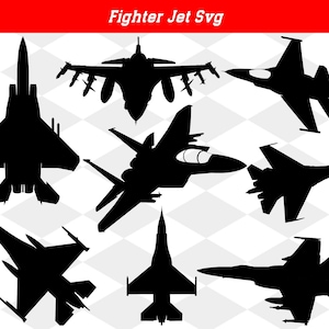 Könnte beinhalten: Silhouetten von acht Kampfjets in Schwarz vor einem weißen und grauen karierten Hintergrund. Die Jets sind in verschiedene Richtungen ausgerichtet und befinden sich alle im Flug.