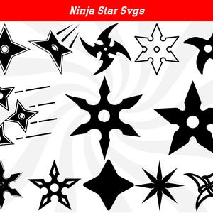 May include: A set of 12 black and white ninja star SVGs. The stars are in various shapes and sizes, with some having a more traditional design and others having a more modern design.