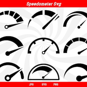 May include: Set of nine black and white speedometer icons. Each icon features a circular gauge with a needle pointing to a different position on the scale.