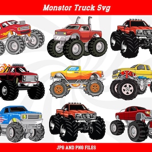 May include: Nine different monster truck designs in various colors, including red, yellow, blue, and black. Each truck has large tires and a unique design.