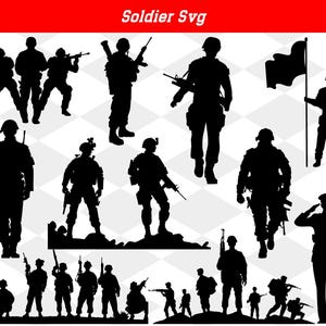 Könnte beinhalten: Eine digitale Datei eines Silhouette-Designs mit mehreren Soldaten in verschiedenen Posen, die Waffen und Flaggen halten. Das Design ist perfekt für die Erstellung von individuellen Projekten wie T-Shirts, Tassen und Wohnaccessoires.