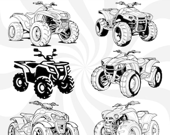 May include: Five black and white line drawings of quad bikes. Each bike has four wheels, a seat, handlebars, and a front and rear bumper. The bikes are drawn in a simple, cartoon style.