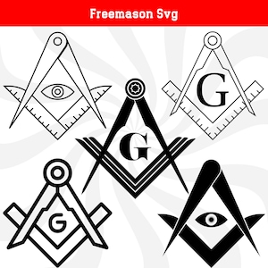 May include: Four black and white illustrations of a Masonic symbol, a square and compass with a letter G in the center. Two of the symbols also include an all-seeing eye.