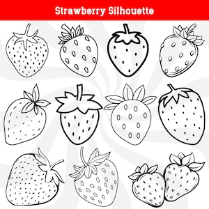 May include: A set of ten black and white silhouette illustrations of strawberries. The strawberries are drawn in a simple, cartoon style.