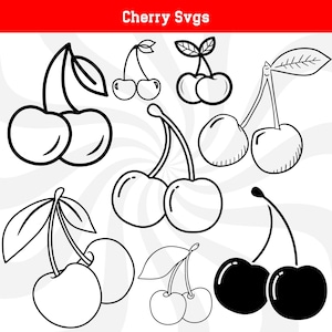 May include: A set of black and white cherry SVGs. The cherries are drawn in a simple, cartoon style. There are six different cherry designs, each with a different stem and leaf.