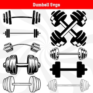 Op de afbeelding: Een set van acht zwart-witte halter SVG's. De halters zijn in verschillende stijlen, waaronder recht, gebogen en gekruist. De SVGs zijn perfect voor gebruik in fitnessgerelateerde projecten.