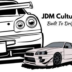 Puede incluir: Ilustración en blanco y negro de dos coches deportivos japoneses. El texto "JDM Culture Built To Drift" está en la esquina superior derecha de la imagen.