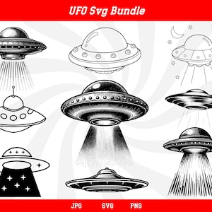 May include: A set of eight black and white UFO illustrations. The UFOs are in various shapes and sizes, with some having beams of light shining from them. The illustrations are perfect for use in digital projects or for printing.