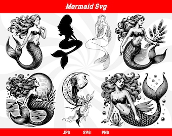 Syrena svg, sylwetka syreny, clipart syreny, syrena png, dziewczyna z morza svg, plik syreny svg, stworzenia morskie svg, plik do cięcia syreny