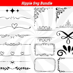 May include: A set of 12 black and white hippie-style SVG design elements. The elements include borders, frames, dividers, and corner designs. The designs are intricate and feature swirls, hearts, and leaves.