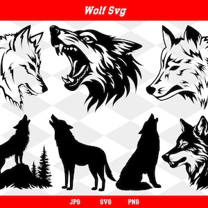 Op de afbeelding: Een digitaal grafisch ontwerp met zes wolfillustraties in zwart en wit. De ontwerpen omvatten gedetailleerde wolfsgezichten, huilende wolven en silhouetten. De tekst "Wolf Svg" staat bovenaan, met "JPG", "SVG" en "PNG" onderaan.