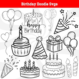 May include: Black and white line art illustrations of birthday party elements, including a cupcake with a candle, a cake with candles, a party hat, a gift box with a bow, balloons, confetti, and the text "Happy Birthday".