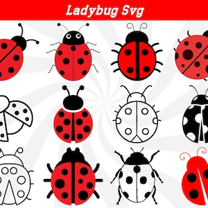 May include: A set of 10 ladybug SVG cut files. The ladybugs are in various styles, including red with black spots, black with white spots, and outline designs. The ladybugs are all facing forward and have a simple, cartoon-like style.