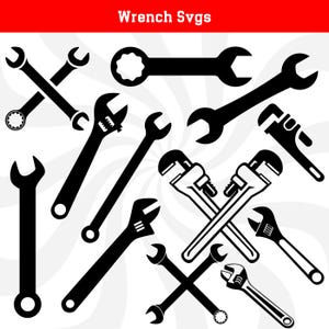 May include: A set of black wrench SVG files. The wrenches are in various shapes and sizes, including open-end, box-end, and adjustable wrenches.