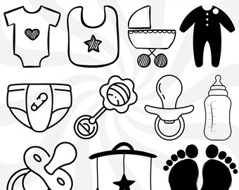 May include: A set of black and white illustrations of baby shower items, including a baby onesie, bib, rattle, pacifier, baby bottle, diaper, stroller, and footprints.