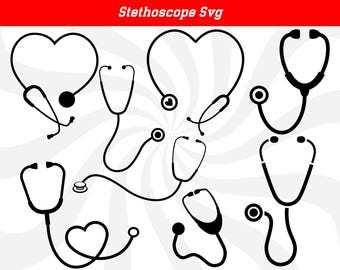 May include: A set of nine black and white stethoscope SVG cut files. The stethoscopes are in various shapes and sizes, including a heart shape.
