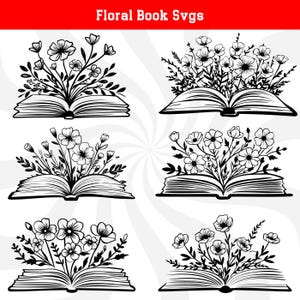 May include: Five black and white illustrations of open books with floral designs. Each book has a different floral arrangement, with flowers and leaves emerging from the pages.