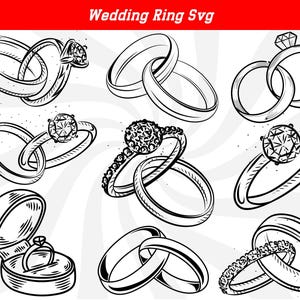 Könnte beinhalten: Ein Satz von zehn Schwarzweiß-Zeichnungen von Eheringen. Die Ringe sind in verschiedenen Stilen gezeichnet, darunter einfache Bänder, Ringe mit Diamanten und Ringe mit komplizierten Designs. Die Zeichnungen eignen sich perfekt für die Verwendung in Hochzeitseinladungen, Save-the-Dates oder anderen Hochzeitspapieren.