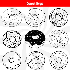May include: Nine black and white line drawings of donuts with various toppings, including sprinkles, chocolate, and frosting. The donuts are all in a circular shape and have a hole in the center.