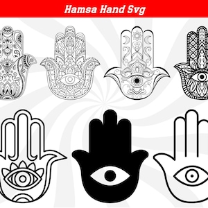Peut inclure: Un ensemble de six designs SVG de main de Hamsa en noir et blanc. La main de Hamsa est un symbole populaire de protection et de bonne chance. Les designs présentent des détails complexes et une variété de styles, y compris un contour simple, un mandala détaillé et une main de Hamsa avec un mauvais œil.